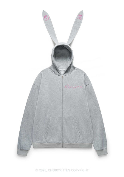 Rhinestone Delusional Y2K Bunny Ear Zip Hoodie Cherrykitten