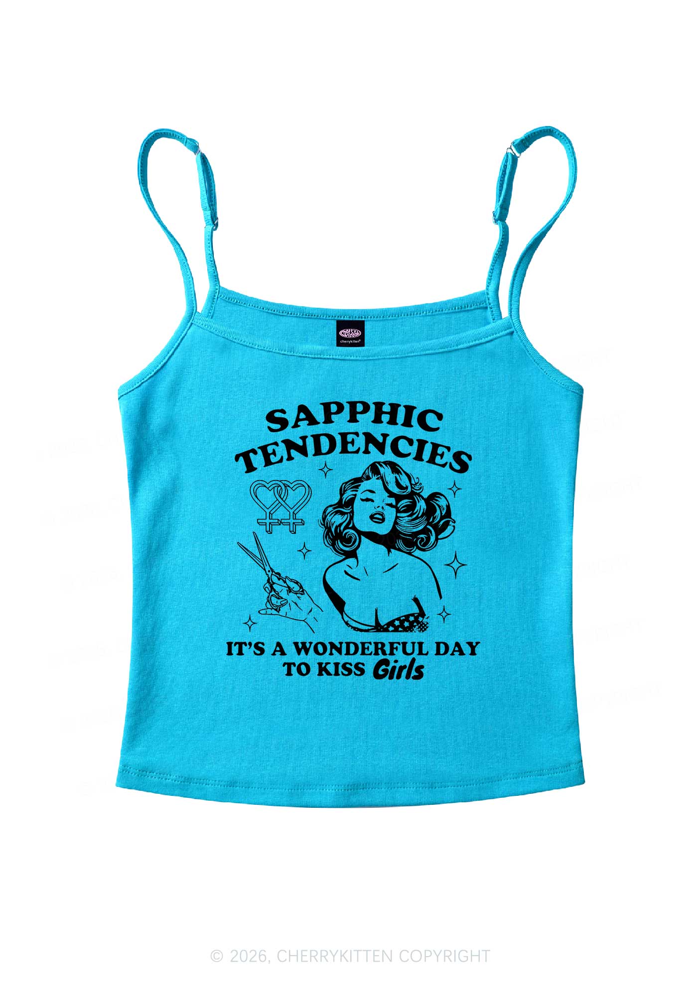 Sapphic Tendencies Kiss Girls Pride Y2K Spaghetti Strap Cami Cherrykitten