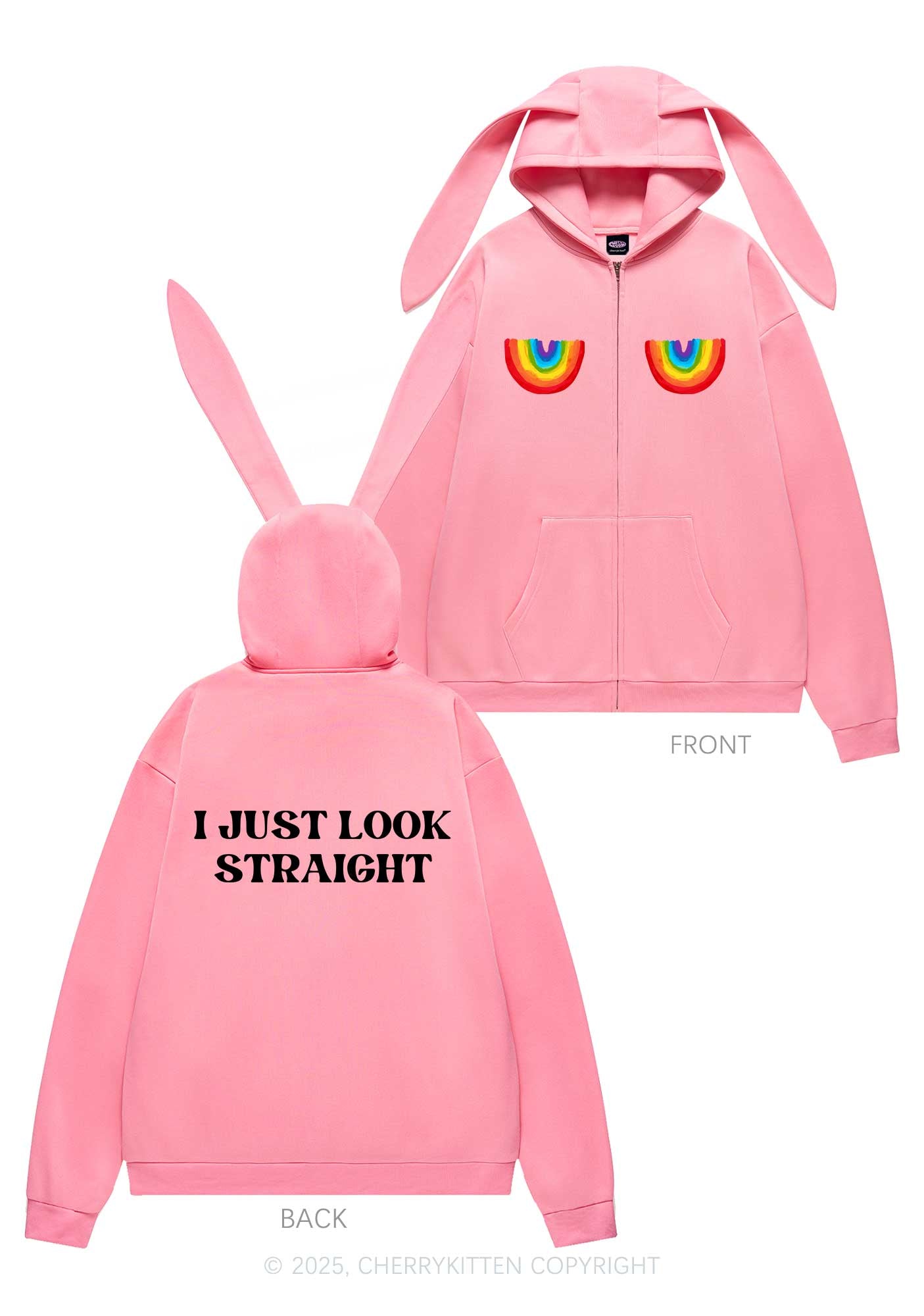 I Just Look Straight Y2K Bunny Ear Zip Hoodie Cherrykitten