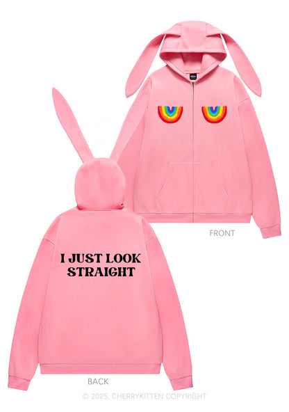 I Just Look Straight Y2K Bunny Ear Zip Hoodie Cherrykitten
