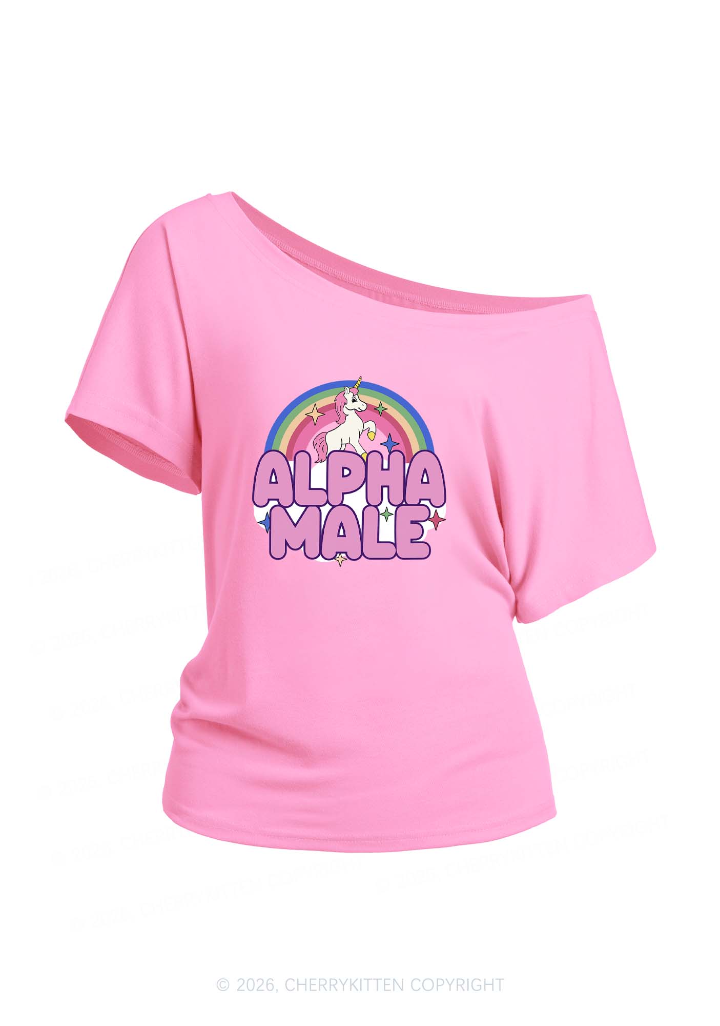 Rainbow Unicorn Alpha Male Y2K Off Shoulder Tee Cherrykitten
