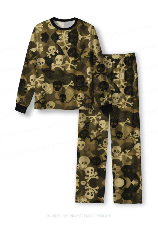 Halloween Camouflage Skulls Y2K Print Long Sleeve Pajama Set Cherrykitten