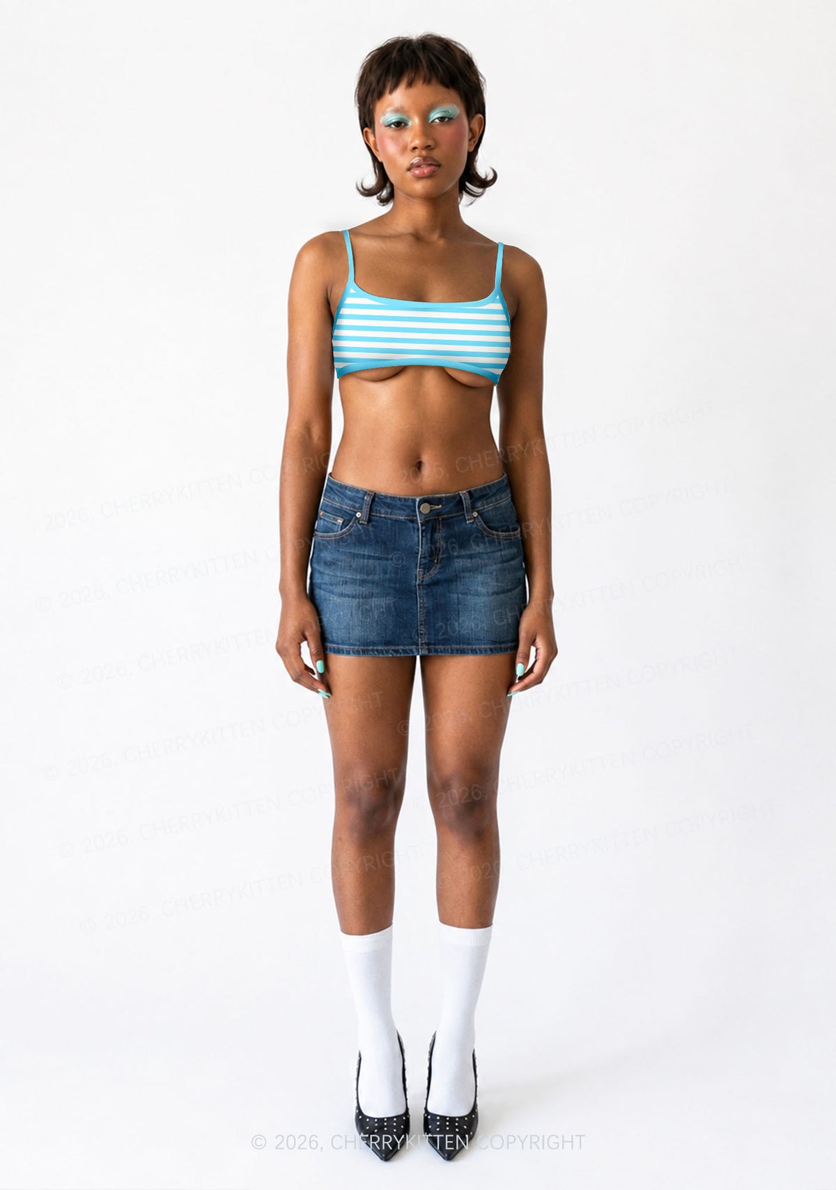 Blue And White Stripes Y2K Print Super Crop Cami Cherrykitten