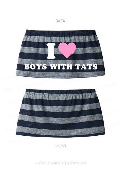 I Love Boys With Tats Y2K Navy Grey Striped Mini Skirt Cherrykitten