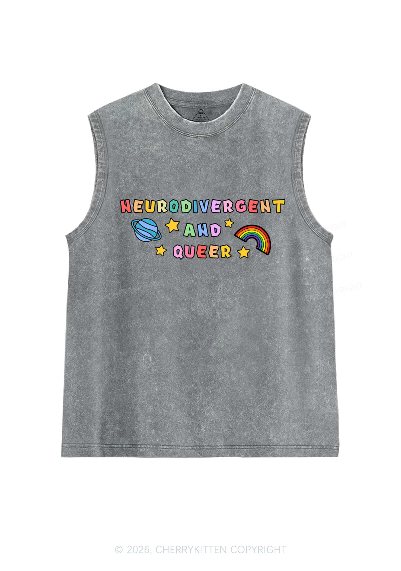 Neurodivergent And Queer Y2K Washed Muscle Tank Cherrykitten