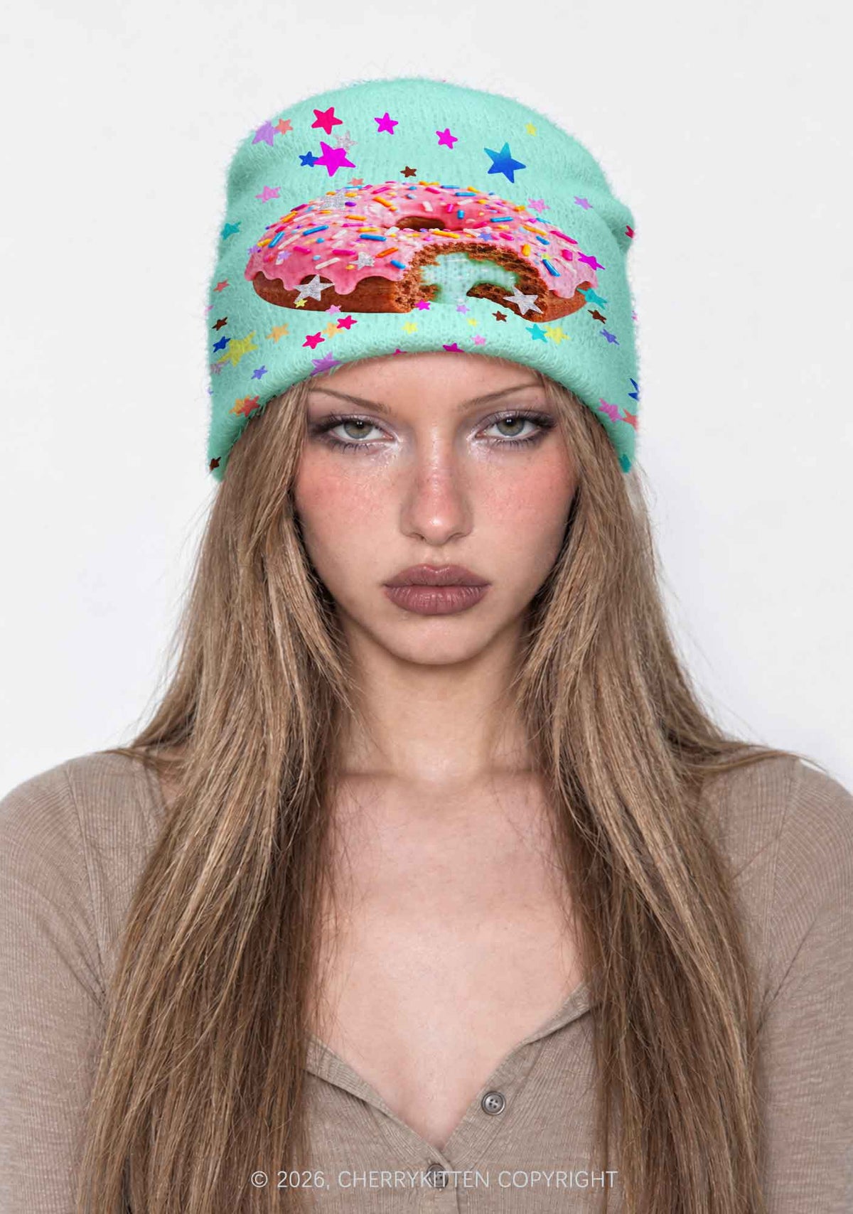 Pink Donut On Mint Green Y2K Print Knit Beanie Cherrykitten