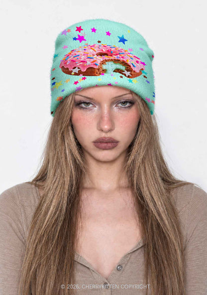 Pink Donut On Mint Green Y2K Print Knit Beanie Cherrykitten