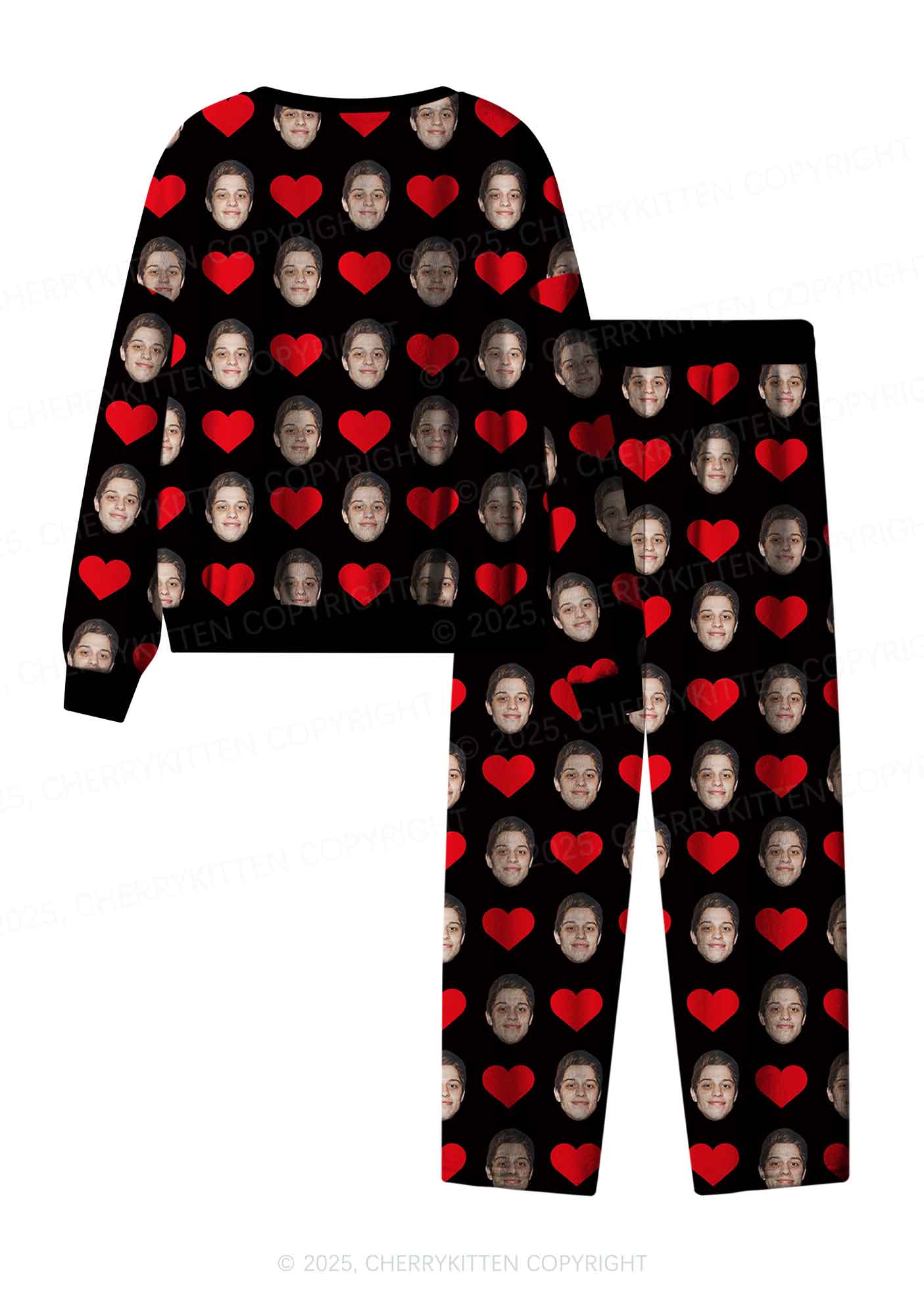 Custom Black Hearts Photo Y2K Valentine's Day Y2K Fleece Long Sleeve Pajama Set Cherrykitten