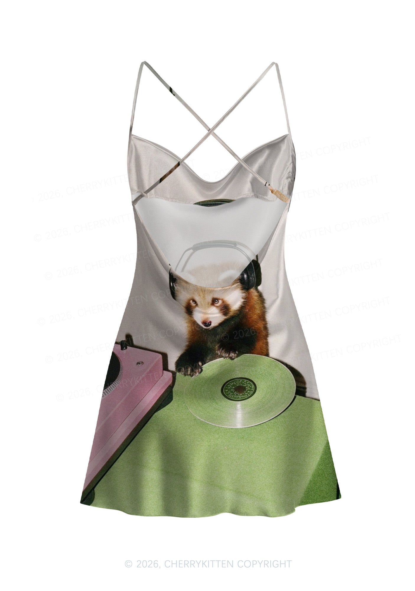 Red Panda DJ Y2K Print Satin Cowl Neck Slip Dress Cherrykitten