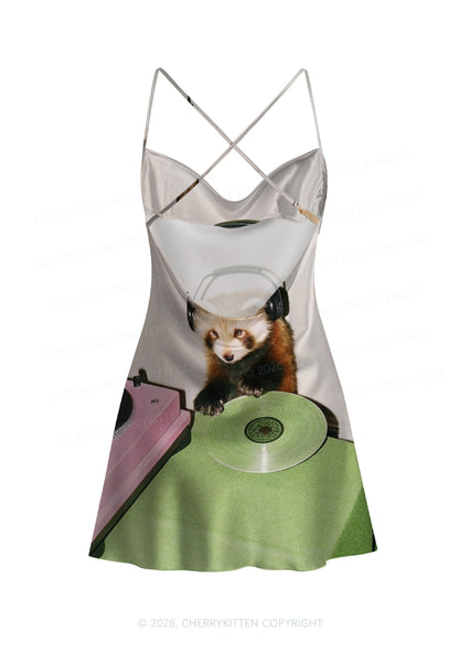 Red Panda DJ Y2K Print Satin Cowl Neck Slip Dress Cherrykitten