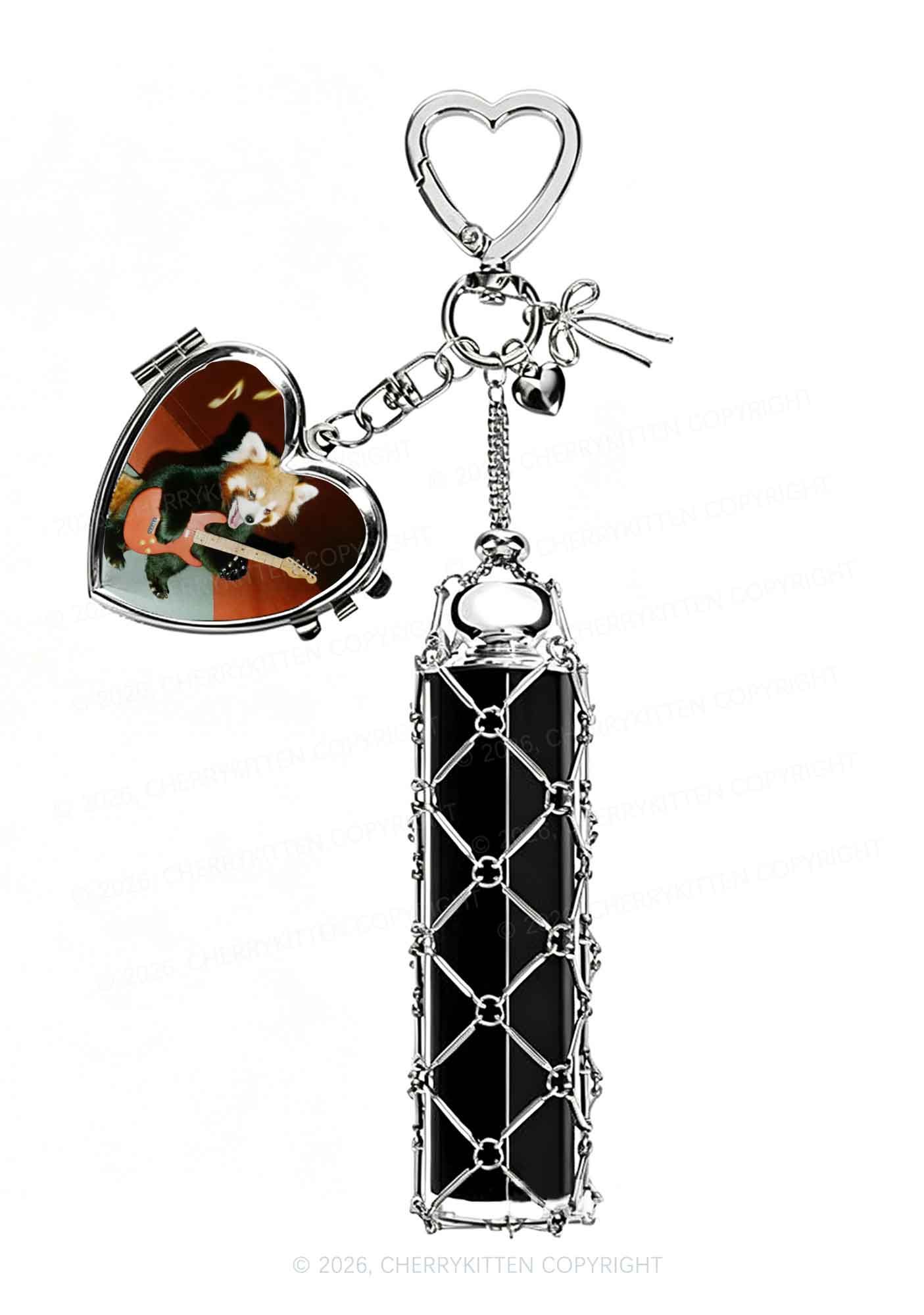 Guitar Raccoon 1pc Y2K Metal Mesh Lipstick Holder Keychain With Mirror Cherrykitten