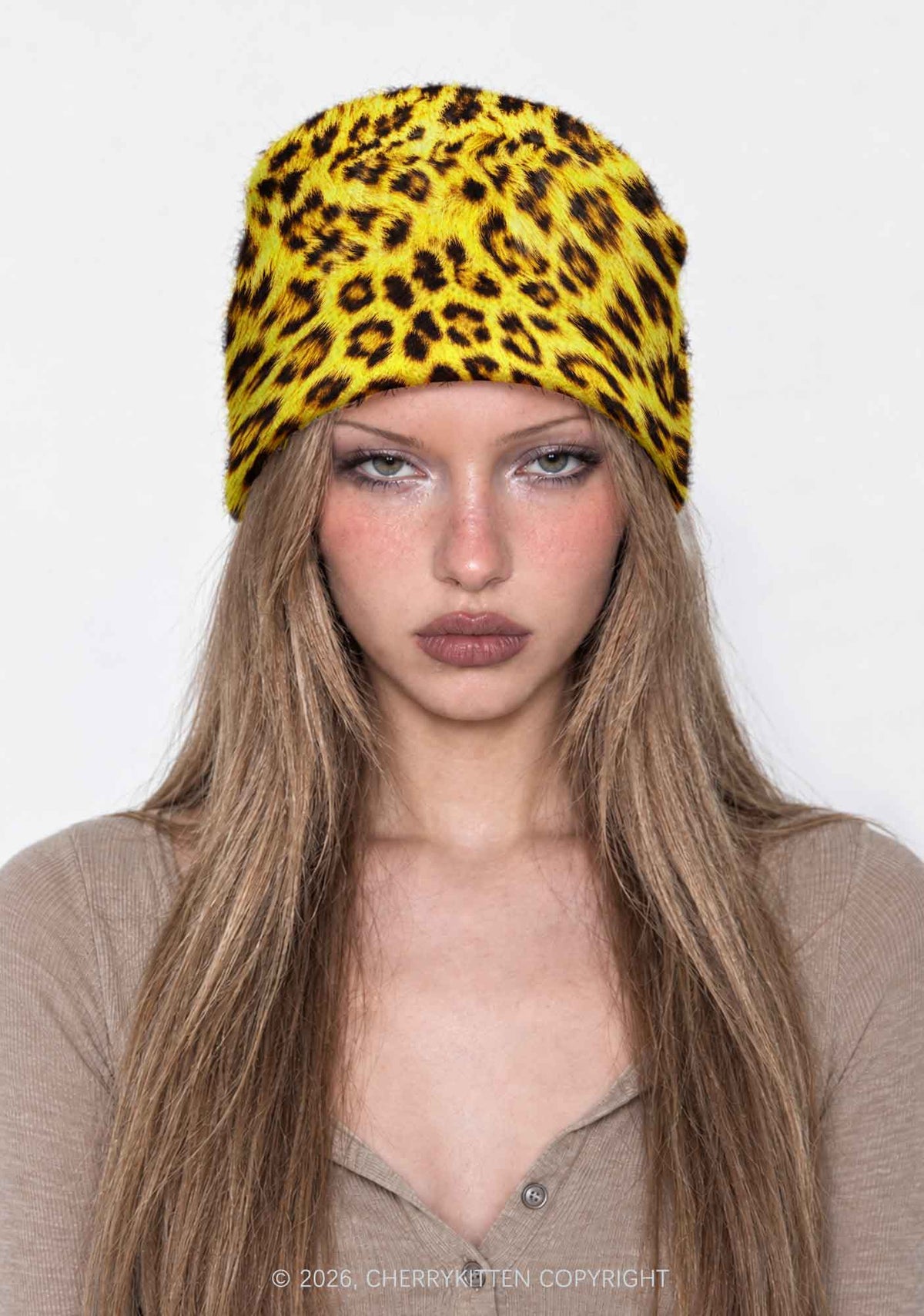 Yellow Leopard Y2K Print Knit Beanie Cherrykitten
