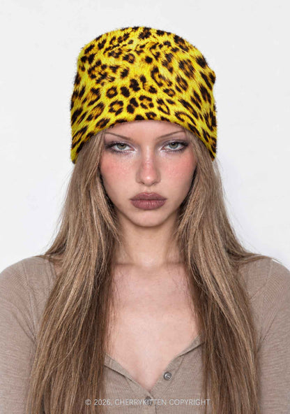 Yellow Leopard Y2K Print Knit Beanie Cherrykitten