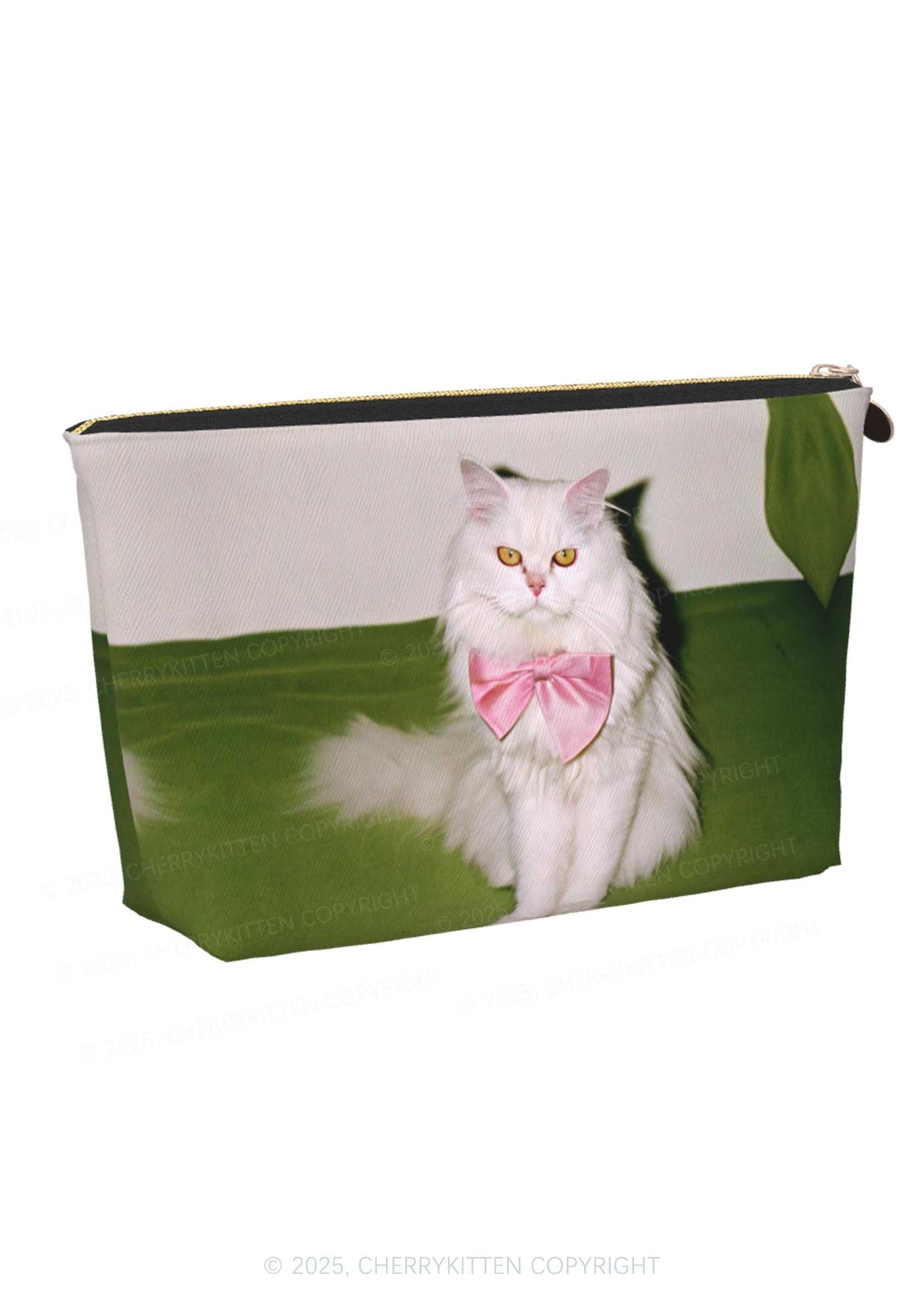 Pink Bow Cat Y2K Leather Makeup Bag Cherrykitten