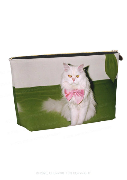 Pink Bow Cat Y2K Leather Makeup Bag Cherrykitten