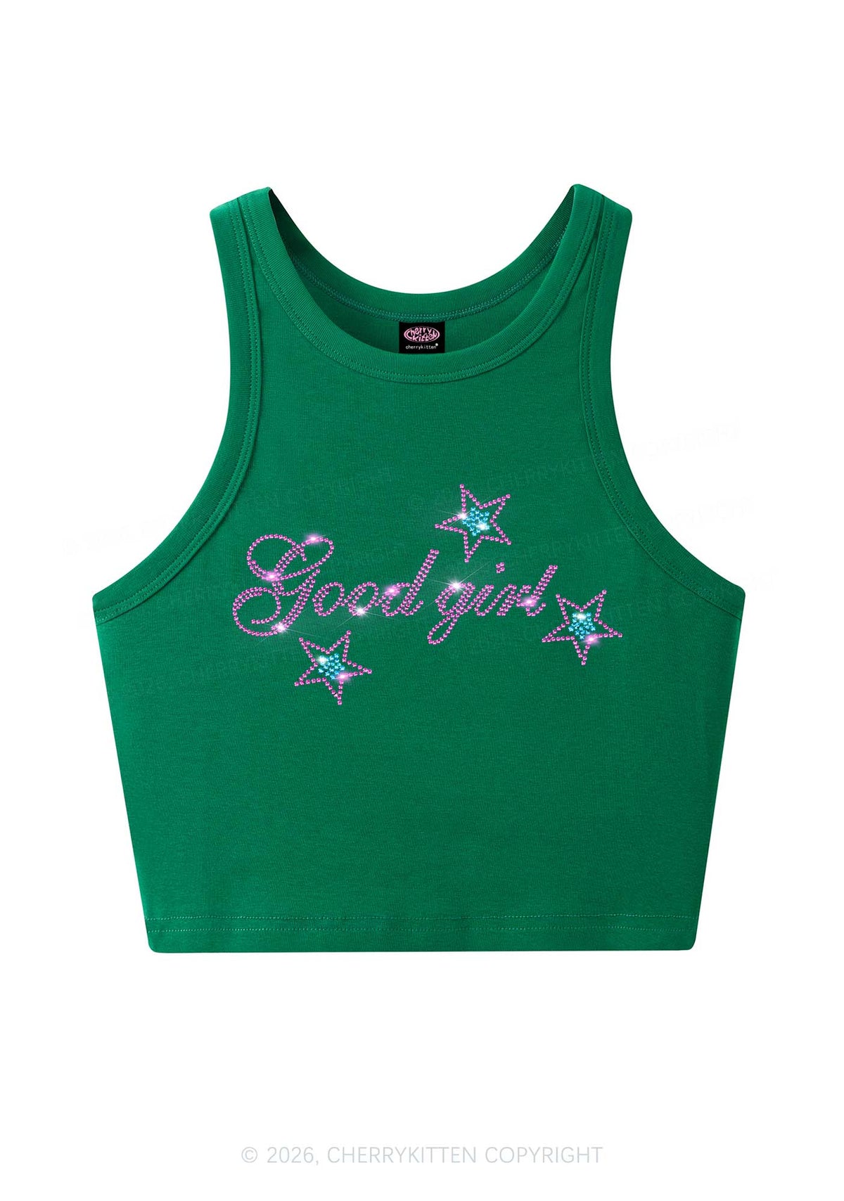 Rhinestone Good Girl Pink Star Y2K Crop Tank Top Cherrykitten