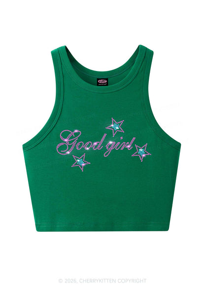 Rhinestone Good Girl Pink Star Y2K Crop Tank Top Cherrykitten