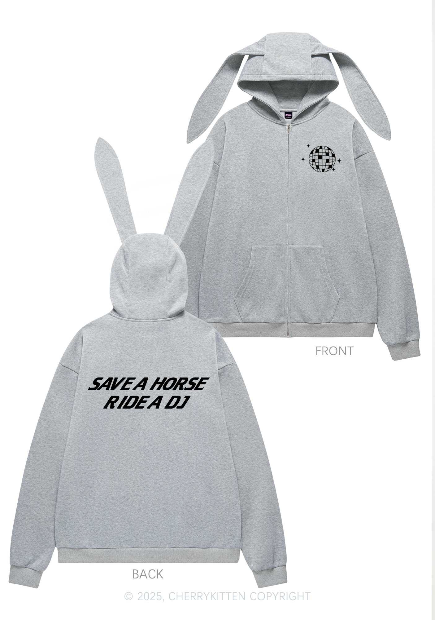 Ride A DJ Y2K Bunny Ear Zip Hoodie Cherrykitten