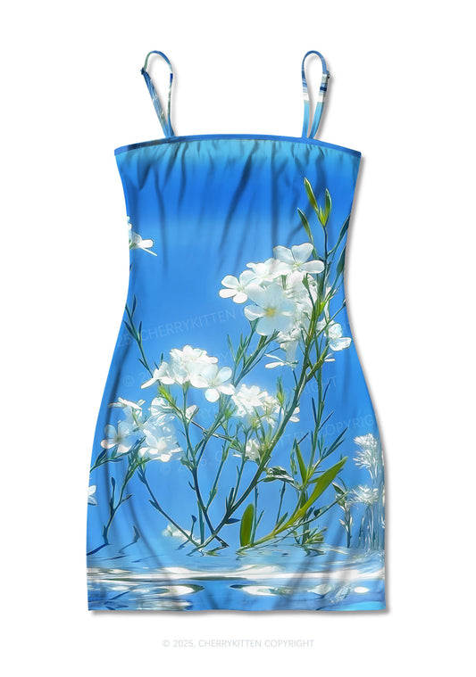 White Flowers Y2K Print Slip Dress Cherrykitten