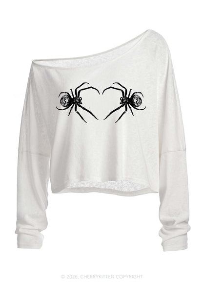 Skull Spider Y2K Off Shoulder Long Sleeve Crop Top Cherrykitten