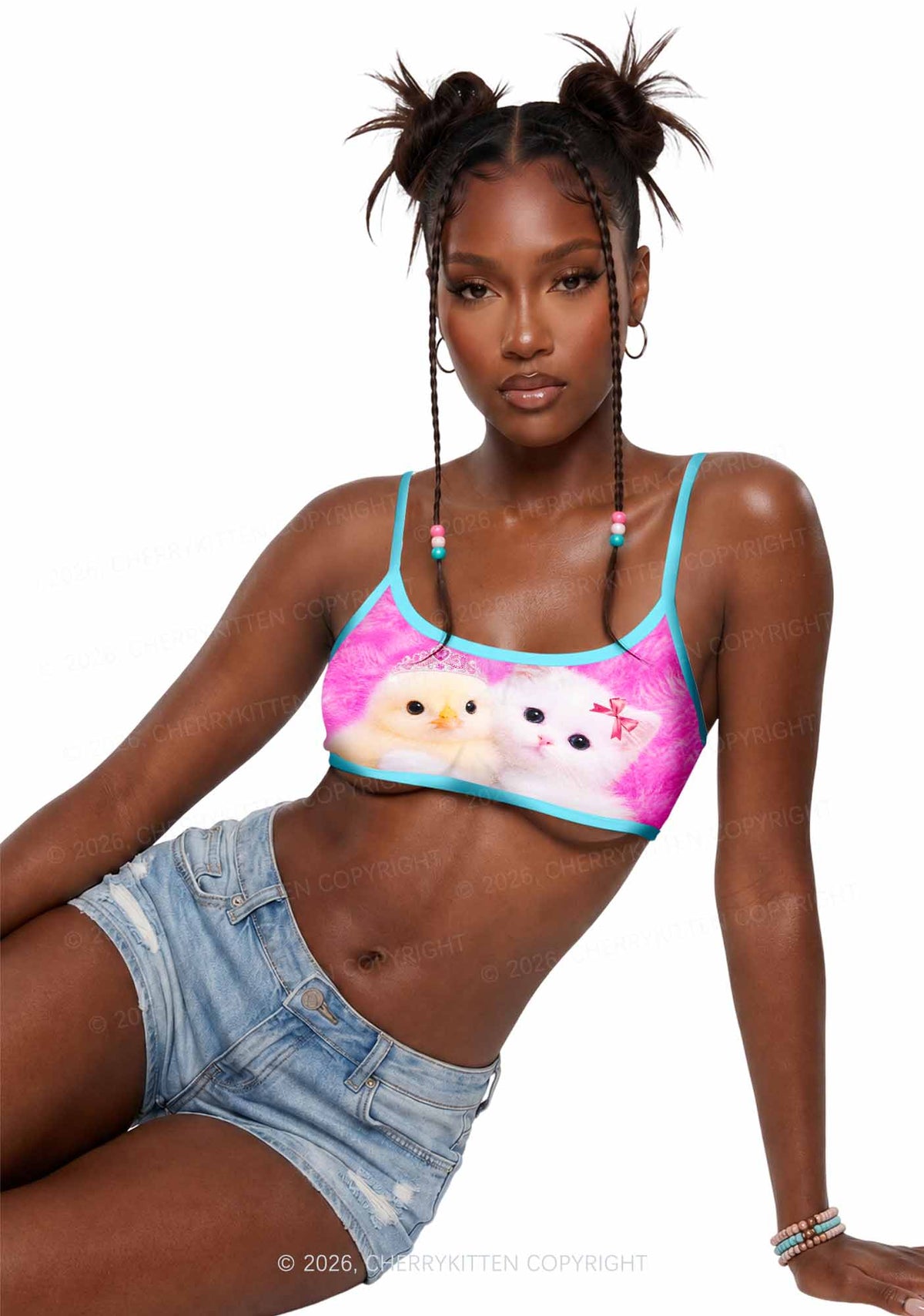 Kitten Hugging Chick Y2K Print Super Crop Cami Cherrykitten