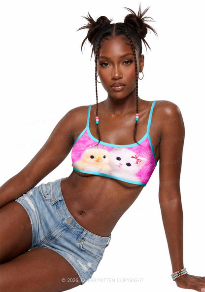 Kitten Hugging Chick Y2K Print Super Crop Cami Cherrykitten
