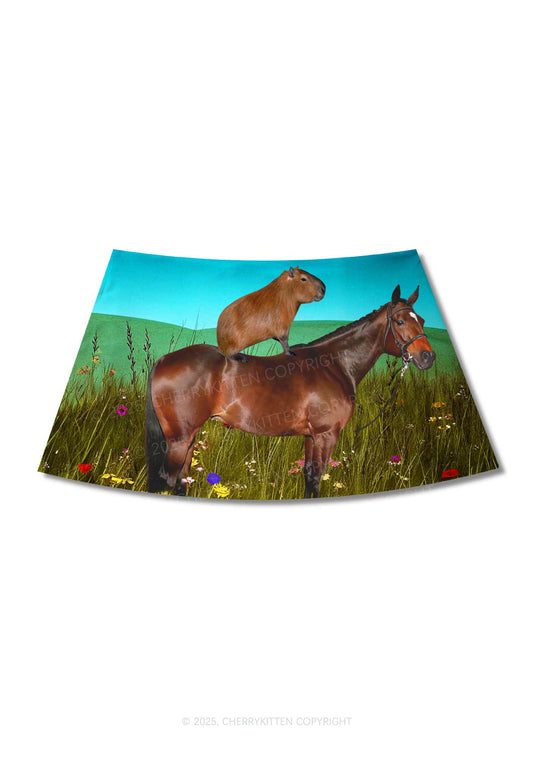 Horseback Capybara Y2K Print Mini Skirt Cherrykitten