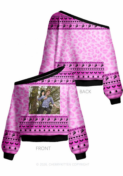 Pink Custom Face Y2K Off Shoulder Knit Sweatshirt Cherrykitten