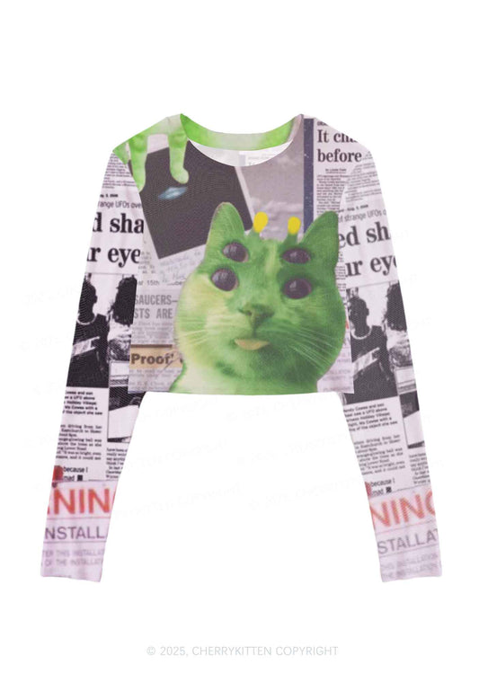 Green Alien Kitten Y2K Mesh Long Sleeve Crop Top Cherrykitten