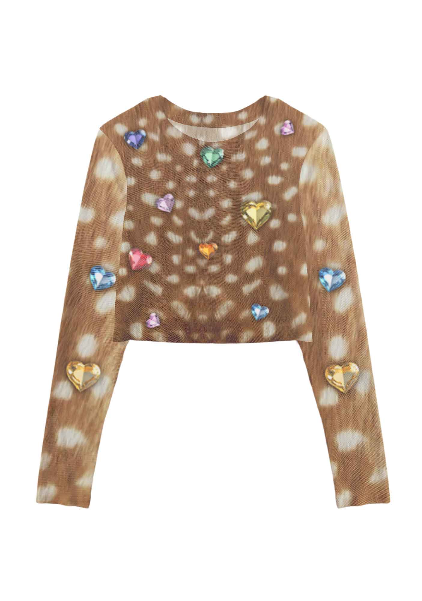 Leopard With Gems Y2K Mesh Long Sleeve Crop Top Cherrykitten