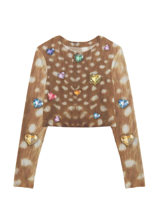 Leopard With Gems Y2K Mesh Long Sleeve Crop Top Cherrykitten