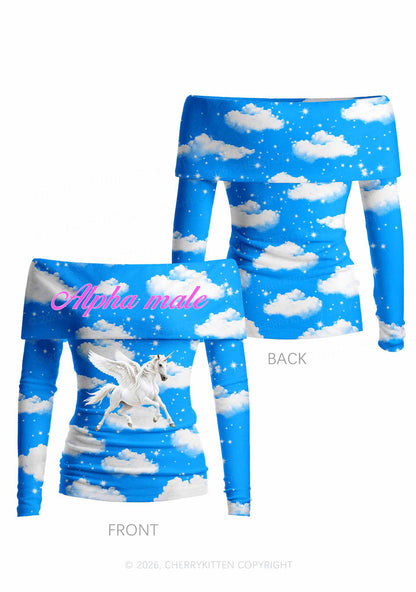 Blue Sky Alpha Male Unicorn Y2K Off Shoulder Fold Over Knit Top Cherrykitten