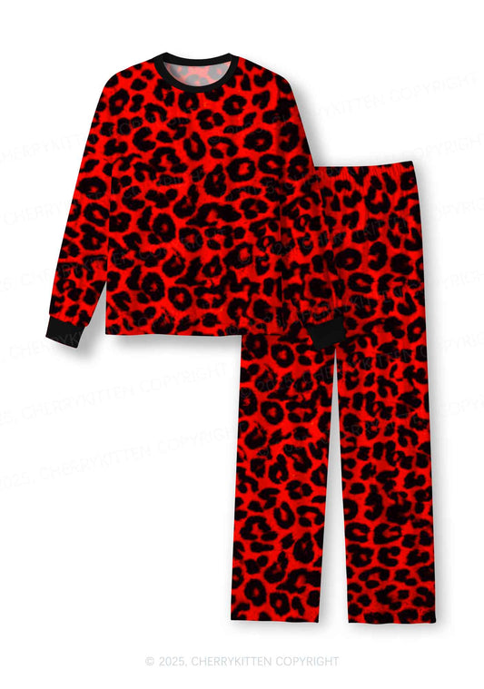 Red Leopard Y2K Print Long Sleeve Pajama Set Cherrykitten