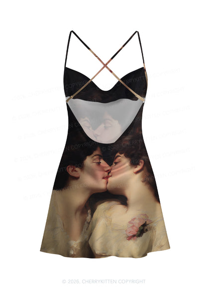 Vintage Women Kissing Pride Y2K Print Satin Cowl Neck Slip Dress Cherrykitten