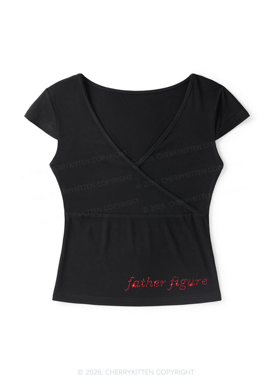 Rhinestone Father Figure Y2K Wrap V Neck T Shirts Cherrykitten