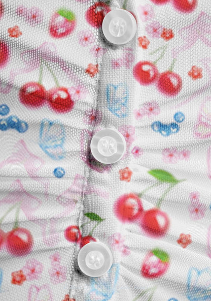 White Cherry Pie Y2K Mesh Ruched  Waist  V Neck Top Cherrykitten