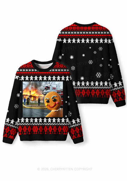 Gingerbread Man Burning House Y2K Knit Sweatshirt Cherrykitten