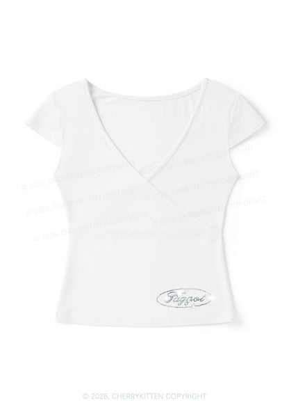 Rhinestone Faggot Pride Y2K Wrap V Neck T Shirts Cherrykitten