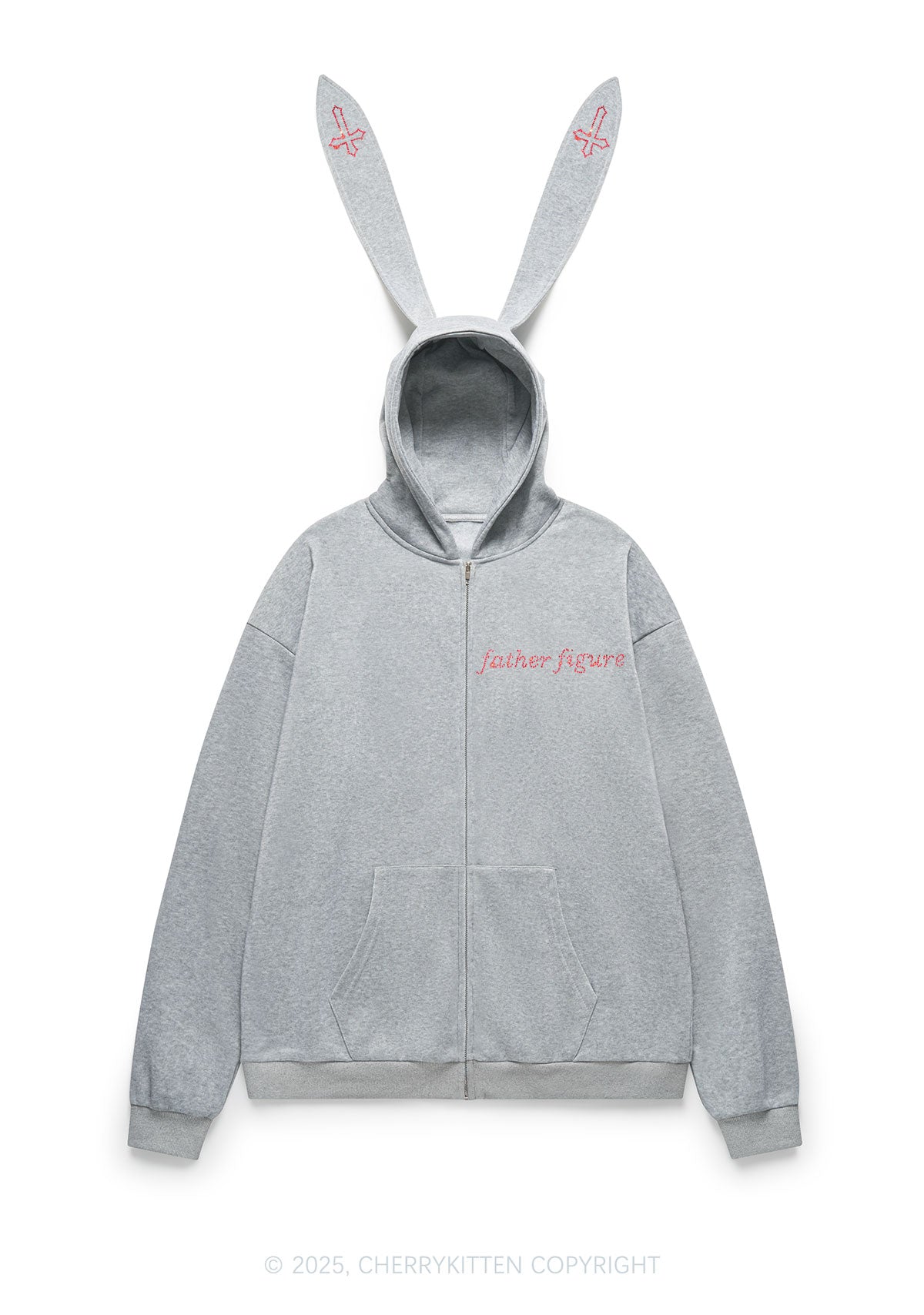 Rhinestone Father Figure Y2K Bunny Ear Zip Hoodie Cherrykitten