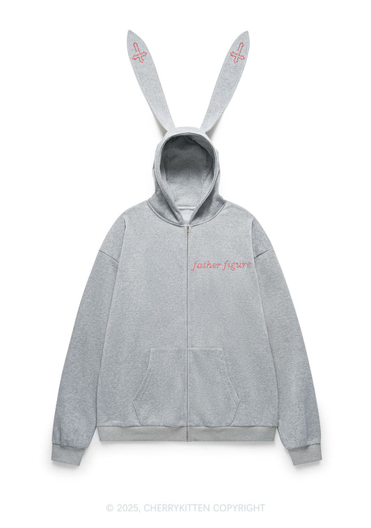Rhinestone Father Figure Y2K Bunny Ear Zip Hoodie Cherrykitten
