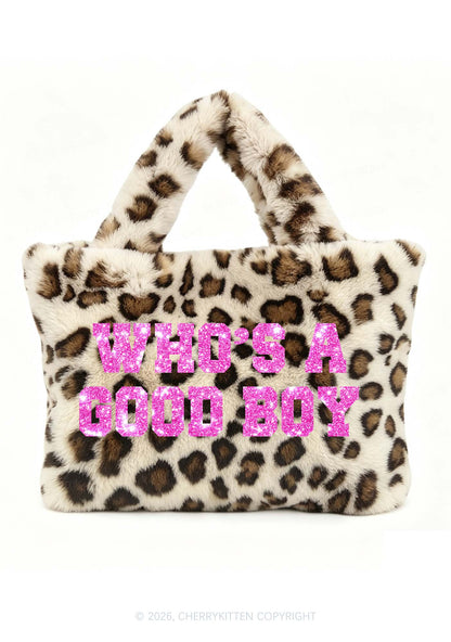 Glitter Whos A Good Boy Y2K Plush Leopard Handbag Cherrykitten