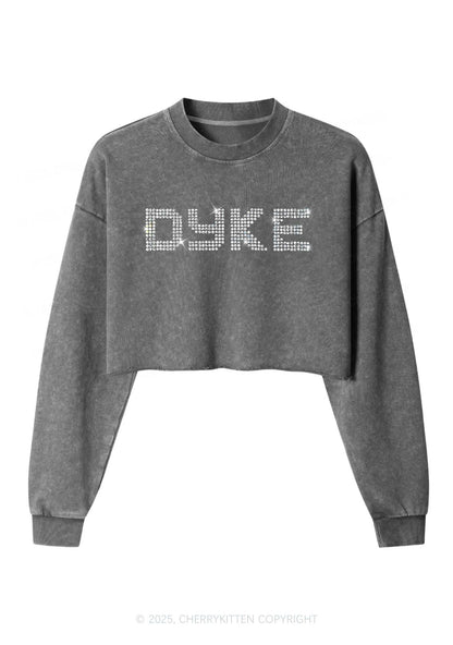 Rhinestone Dyke Pride Y2K Crop Washed Sweatshirts Cherrykitten