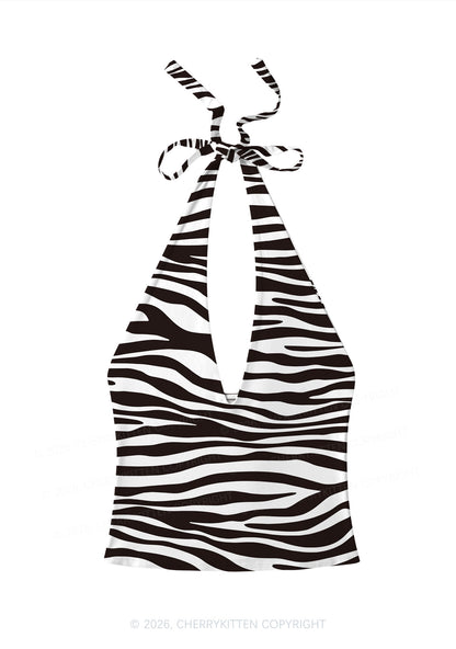 Classic Zebra Stripes Y2K Print Halter Deep V Neck Cami Cherrykitten