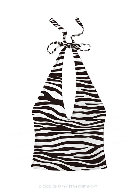 Classic Zebra Stripes Y2K Print Halter Deep V Neck Cami Cherrykitten