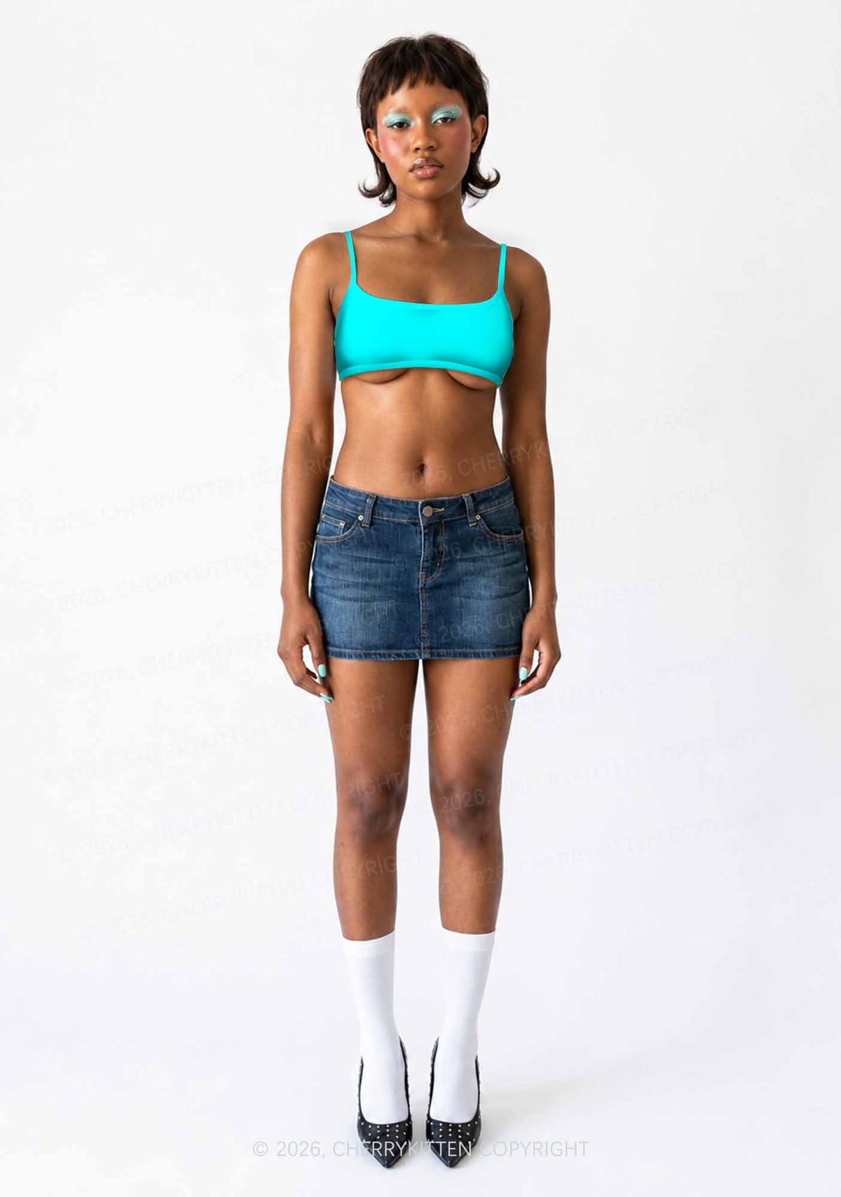 Aqua Blue Plain Y2K Print Super Crop Cami Cherrykitten