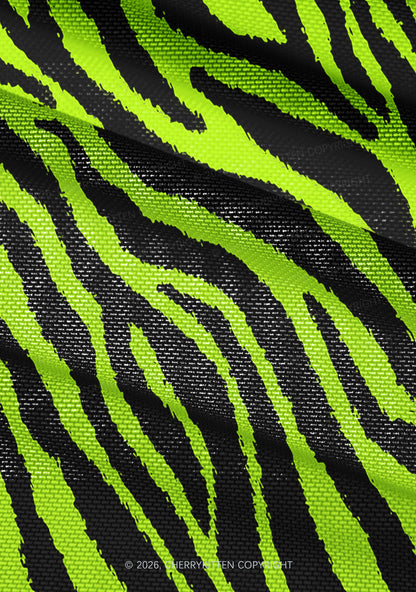 Green Zebra Y2K Mesh Ruched  Waist  V Neck Top Cherrykitten