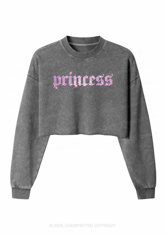 Rhinestone Princess Y2K Crop Washed Sweatshirts Cherrykitten