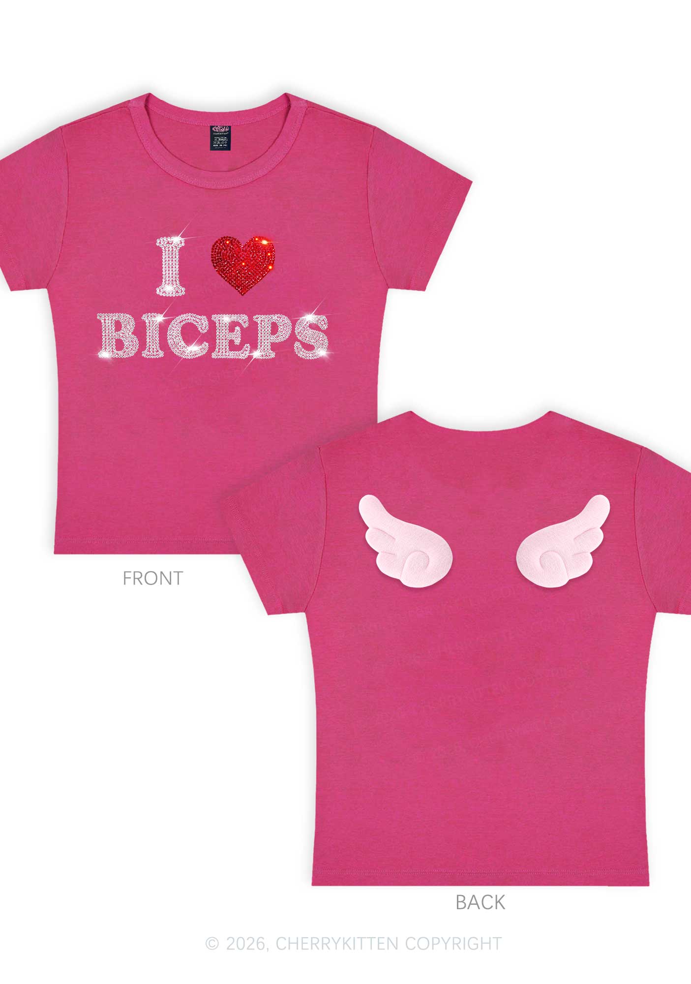 Rhinestone I Love Biceps Y2K Goth Angel Wings Baby Tee Cherrykitten