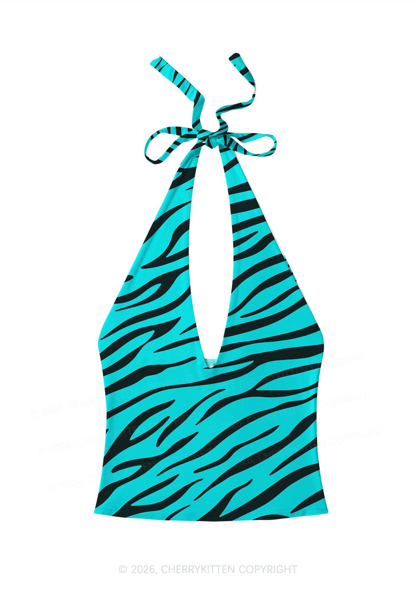 Bright Cyan Zebra Stripes Y2K Print Halter Deep V Neck Cami Cherrykitten