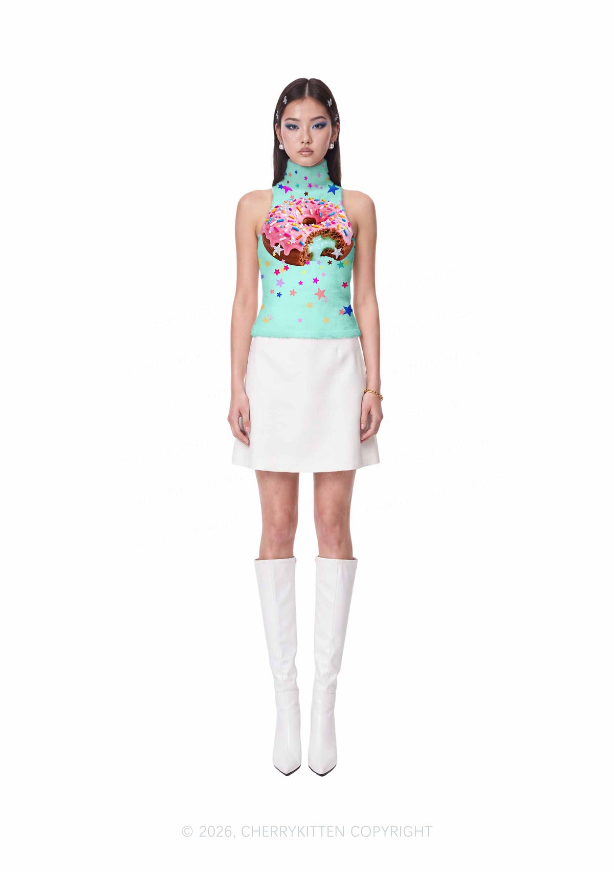 Pink Donut On Mint Green Y2K Knit Turtleneck Tank Top Cherrykitten